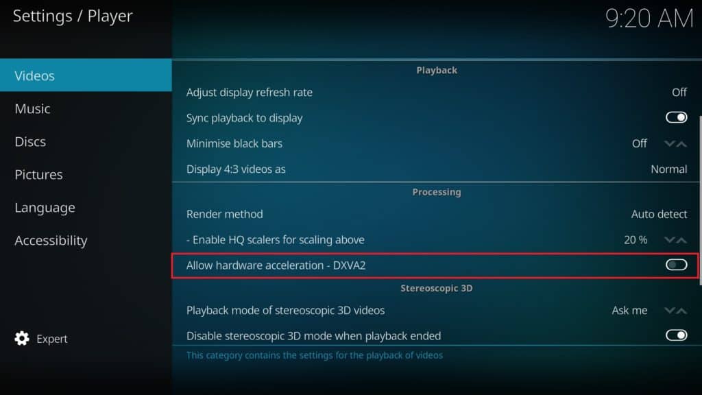 Disable Kodi hardware acceleration
