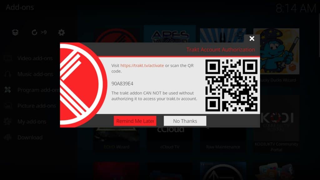 Trakt Kodi autorization