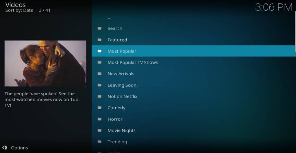 Tubi TV kodi addon menu