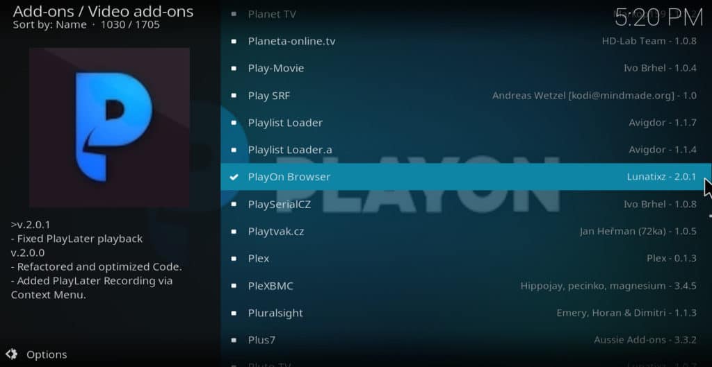 Kodi select playon browser