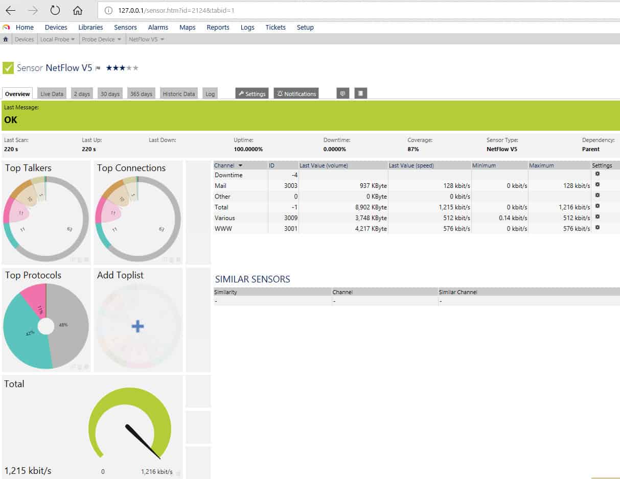 PRTG Network Monitor: Viewing top talkers, connections, protocols, and other utilization