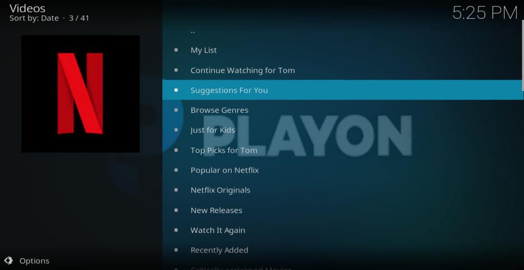 Playon netflix menu