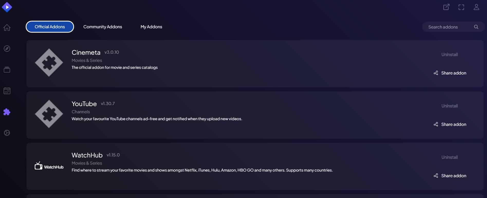 Screenshot of Stremio's addons tab