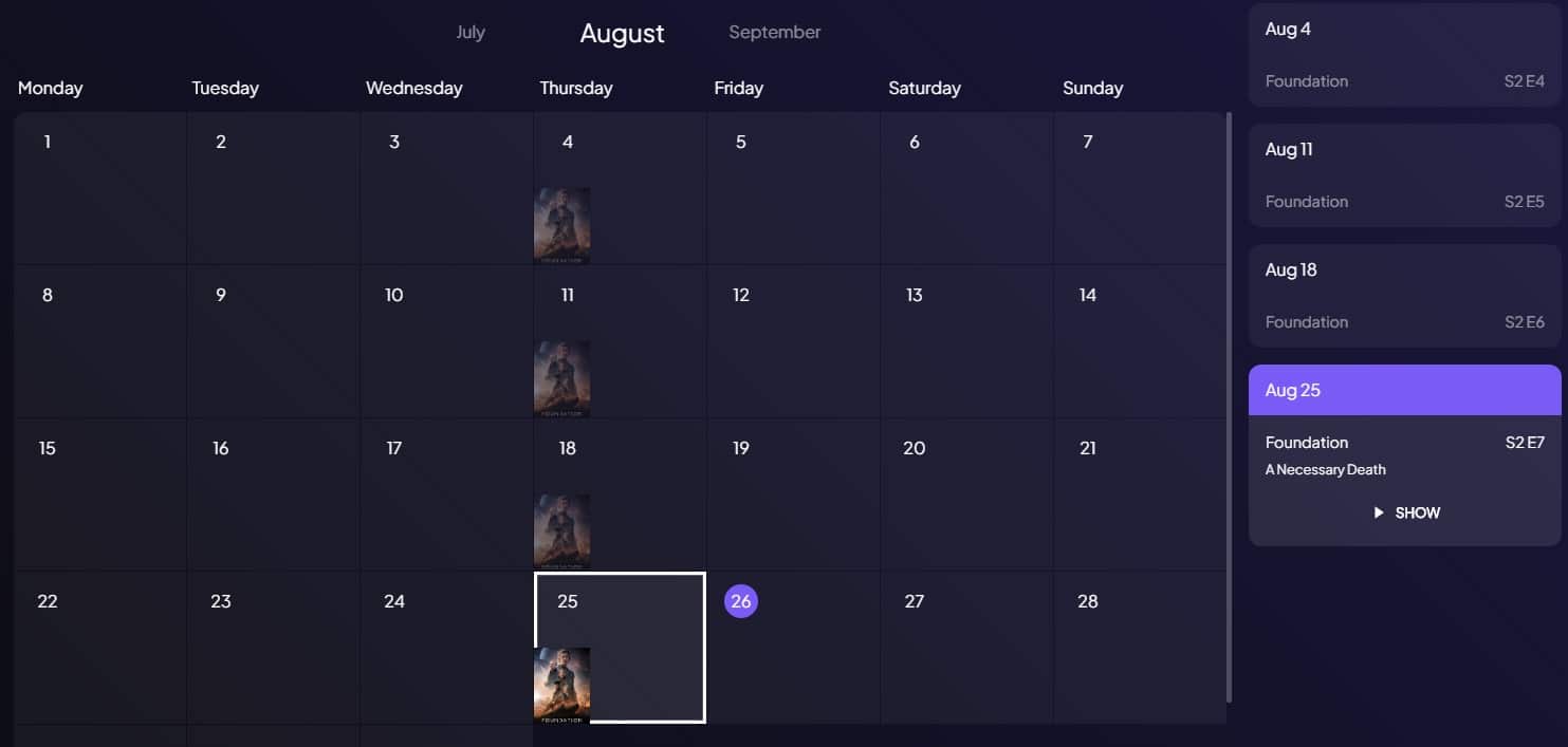 Screenshot of Stremio's calendar