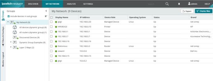 WhatsUp Gold list view lists discovered devices.
