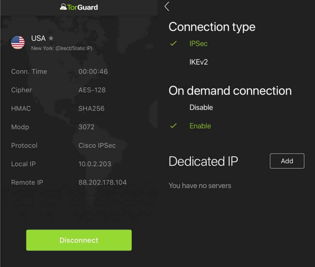 The Torguard mobile app main and settings screens.