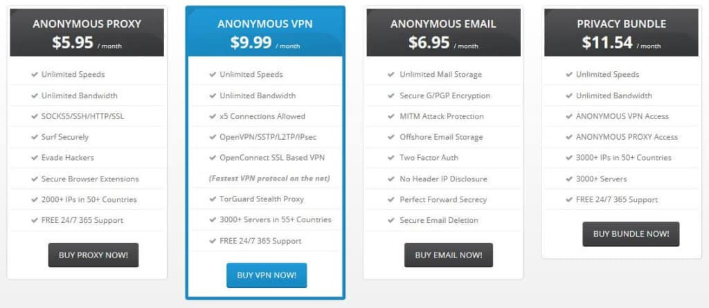 Torguard pricing table.