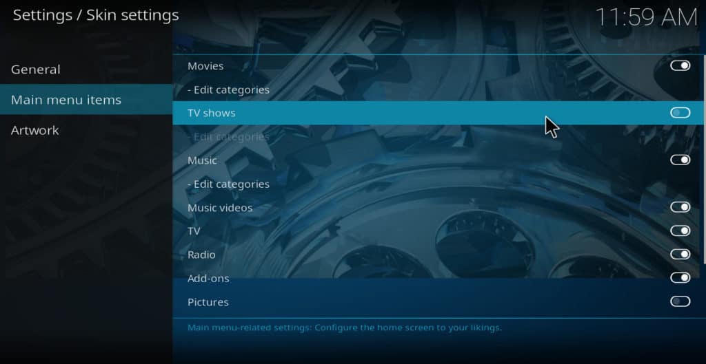 Kodi skin settings main menu items
