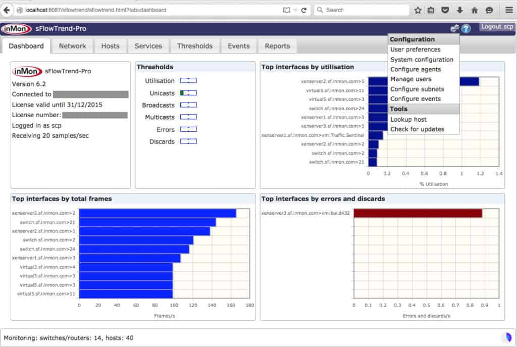 Main dashboard of sFlowTrend showing key tabs.