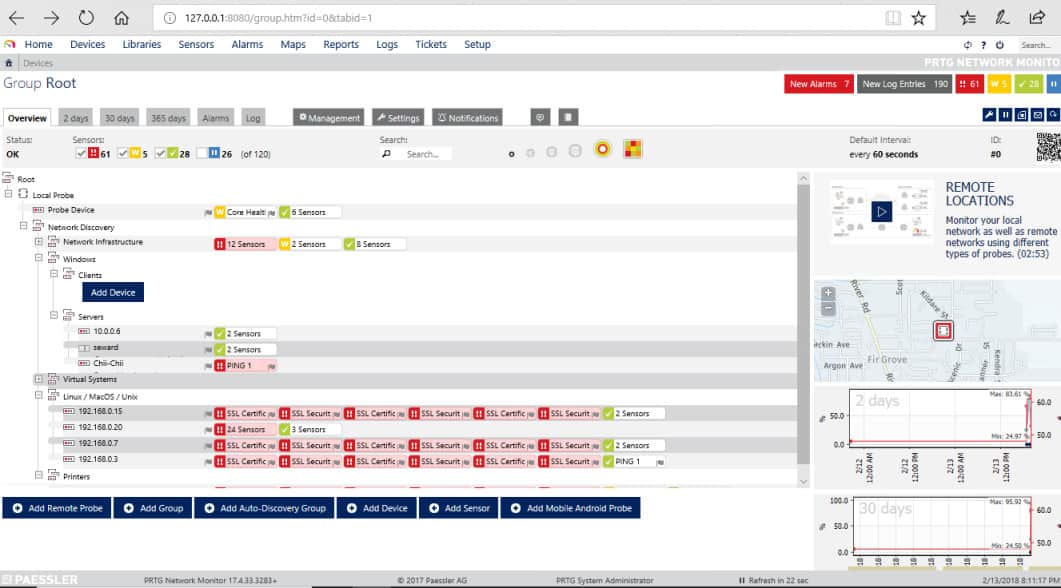 Paessler PRTG device tree shows servers on your network and sensors monitoring them.
