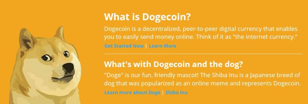 A section of the Dogecoin homepage.