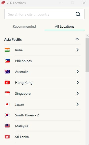 ExpressVPN's server list.