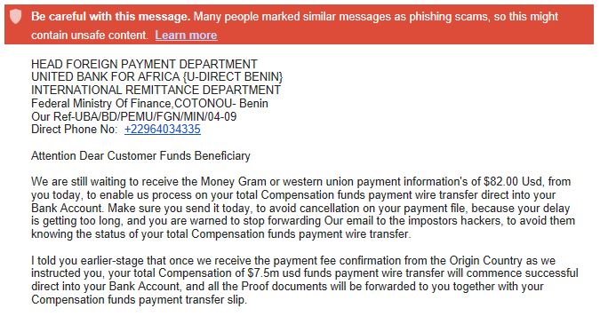 An advanced fee scam example.