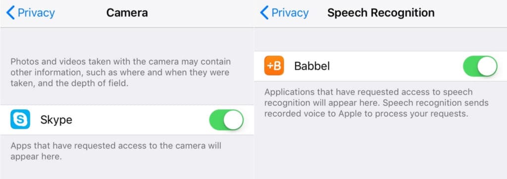 The Camera and Speech Recognition iPhone app permissions.