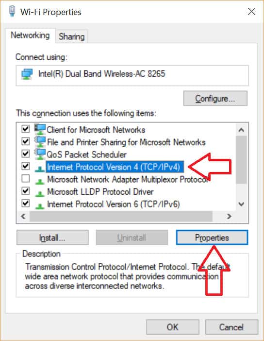 Wi-Fi Properties Default Networking Window