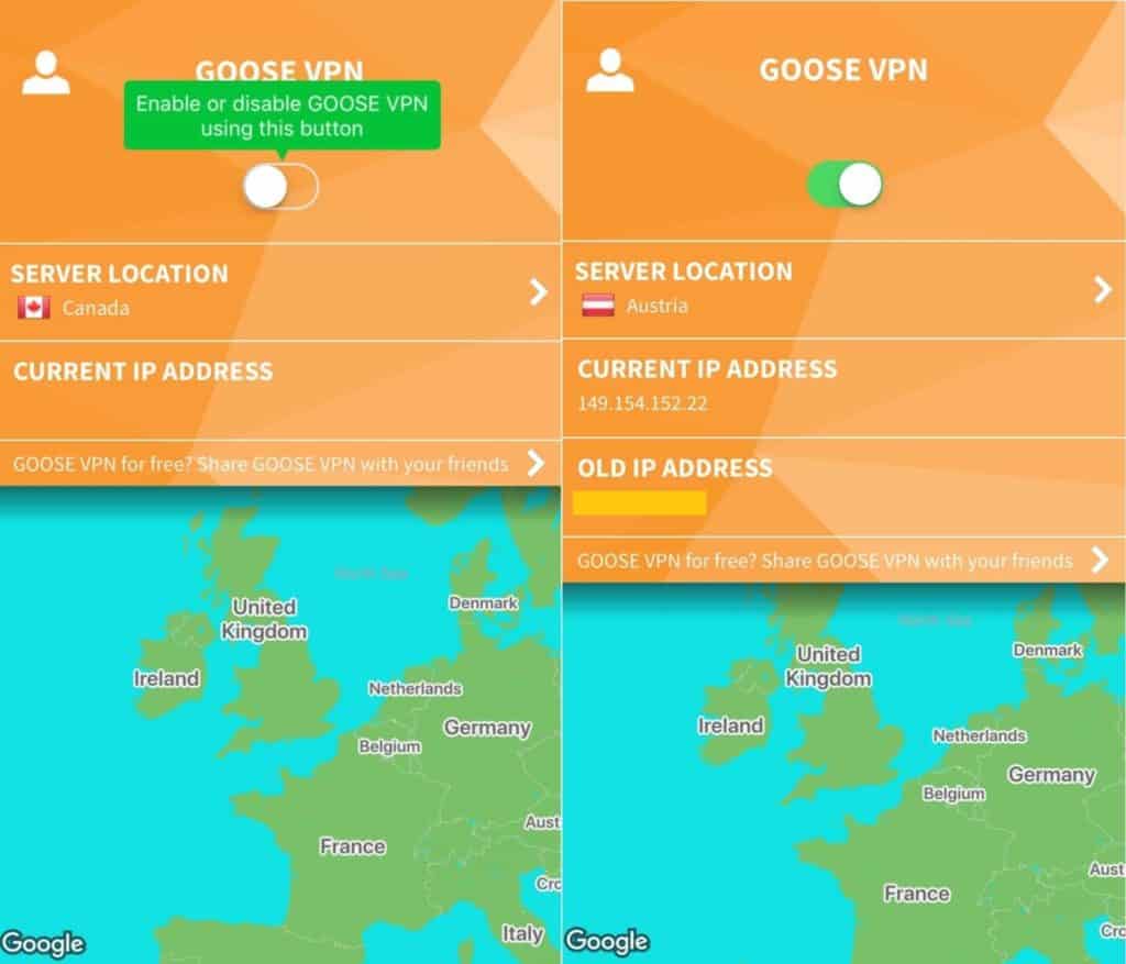 Goose VPN mobile app main screens.
