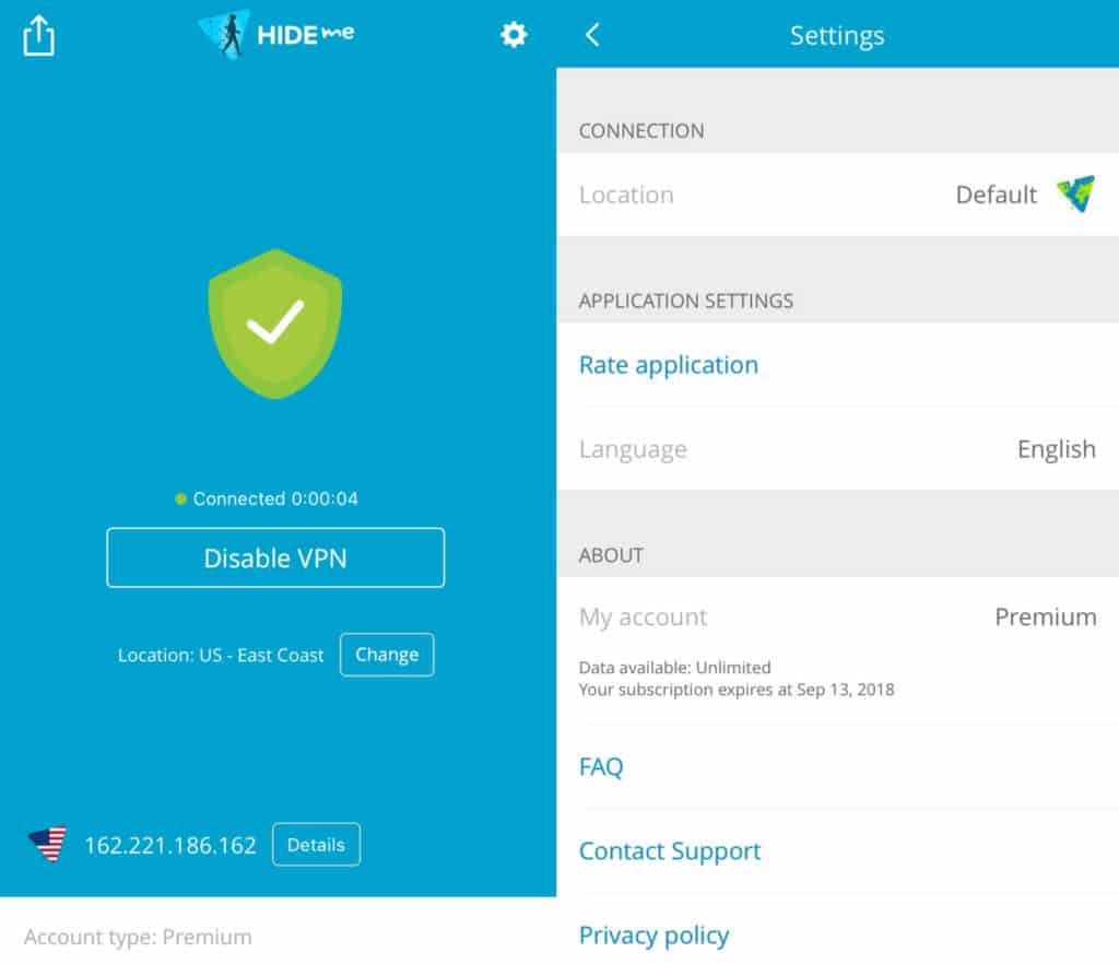 Hide.me mobile app.