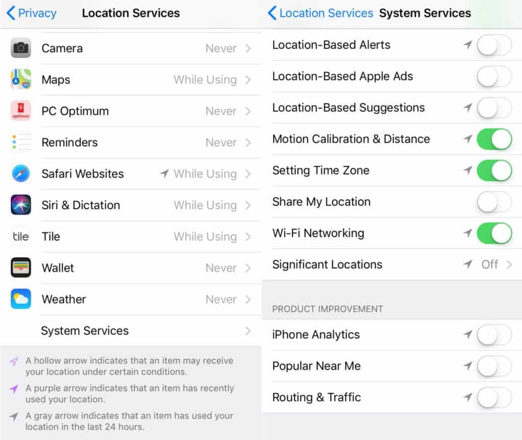 The Location Services and System Services screens.