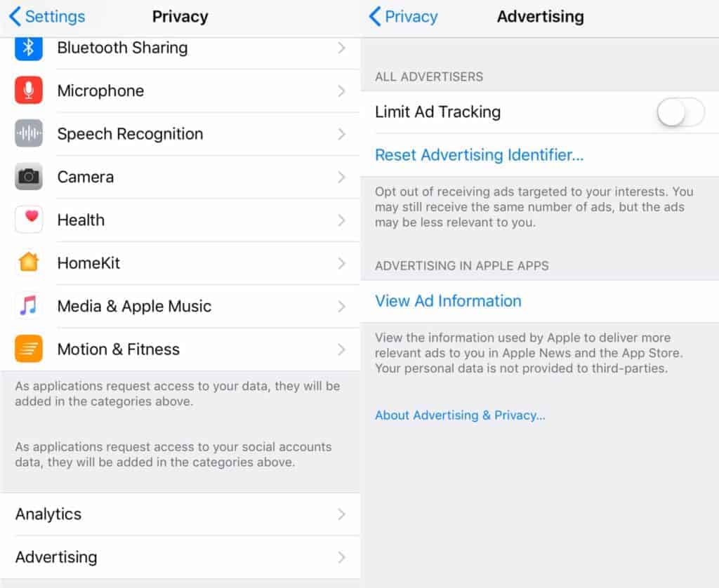The Privacy and Advertising screens.