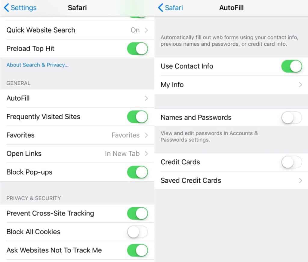 The Safari and AutoFill screens.