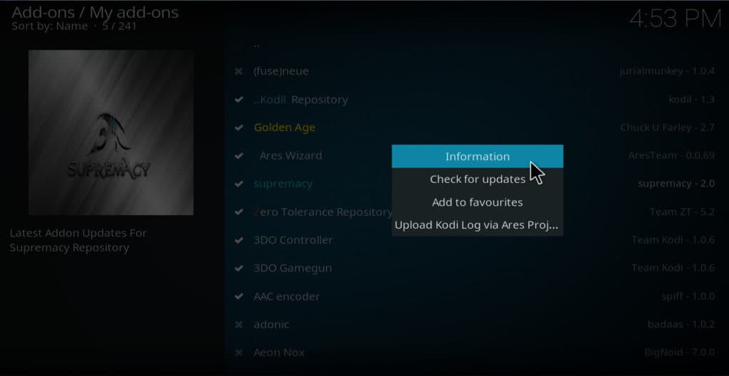 Delete kodi addons information