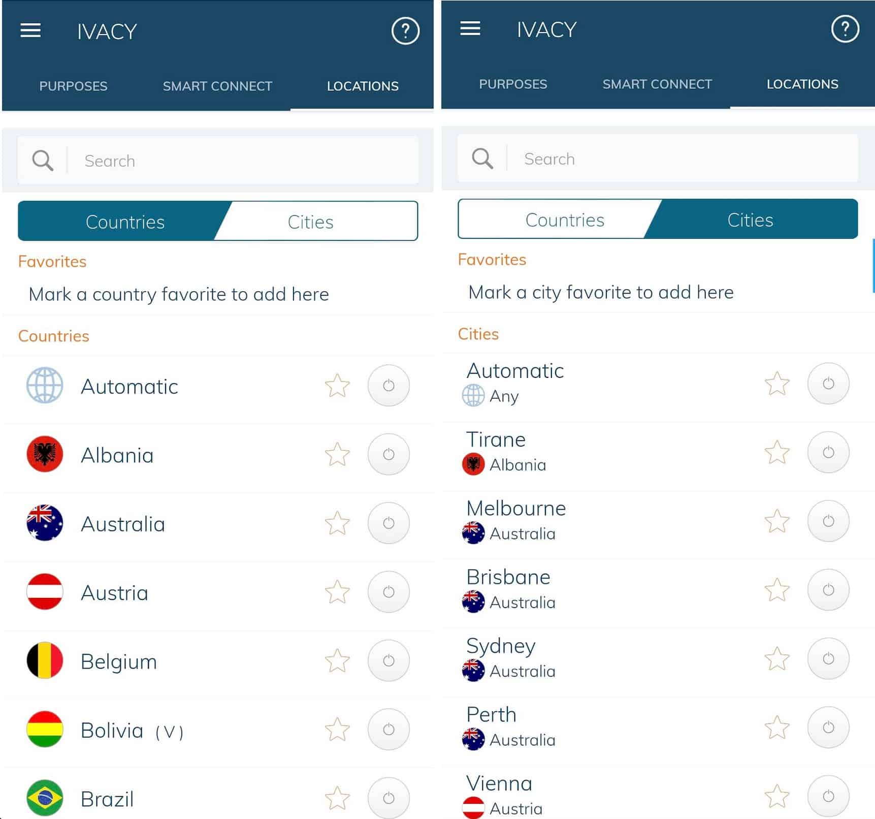 Ivacy mobile app server list