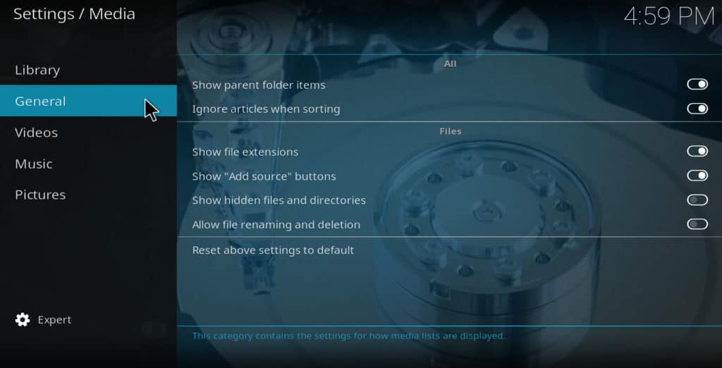 Kodi media settings_general