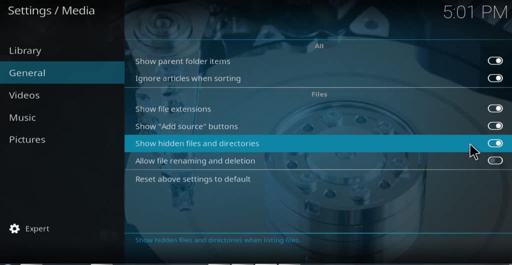 Kodi show hidden files and directories