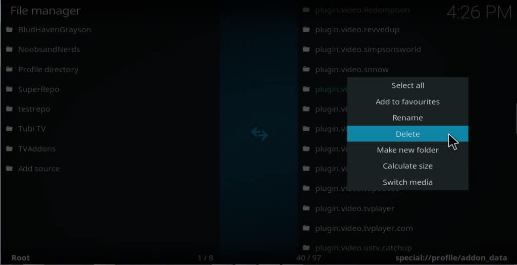 delete Kodi addons