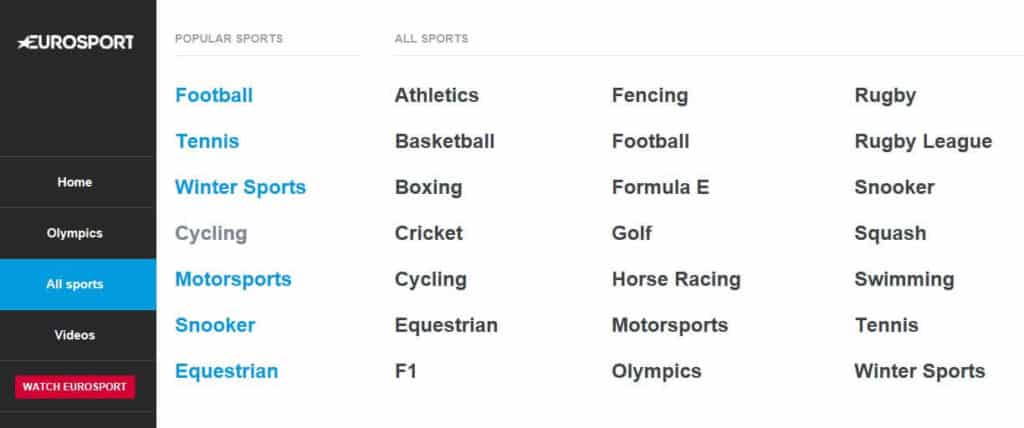 Sports available on Eurosport.