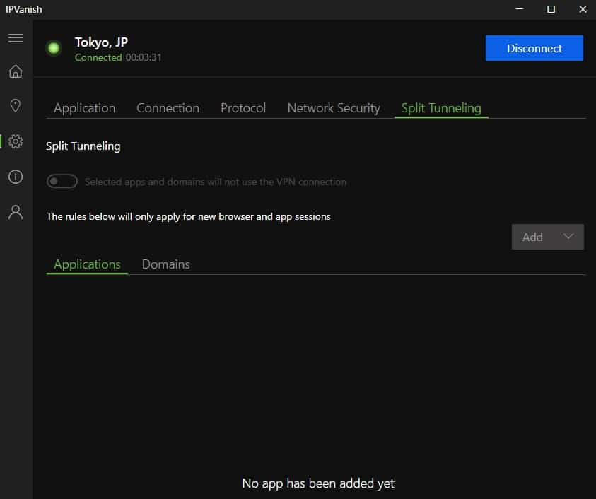 IPVanish's split tunneling feature.