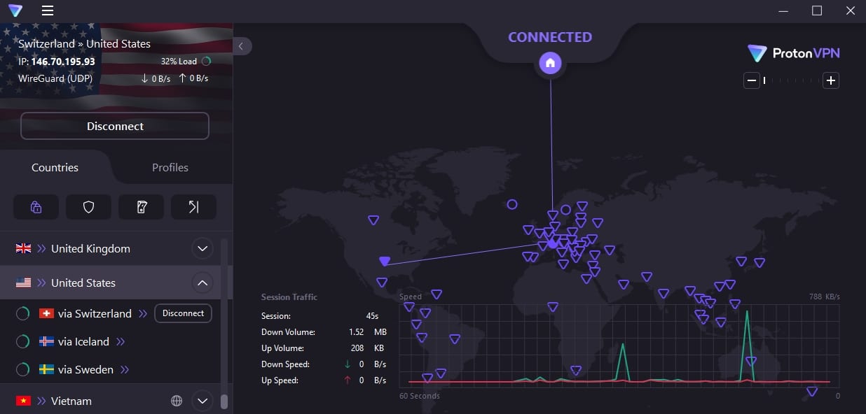 A ProtonVPN Secure Core connection.