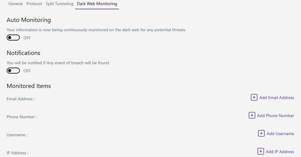 PureVPN's dark web monitoring.