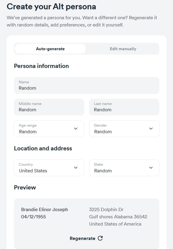 Surfshark's ID generation tool.
