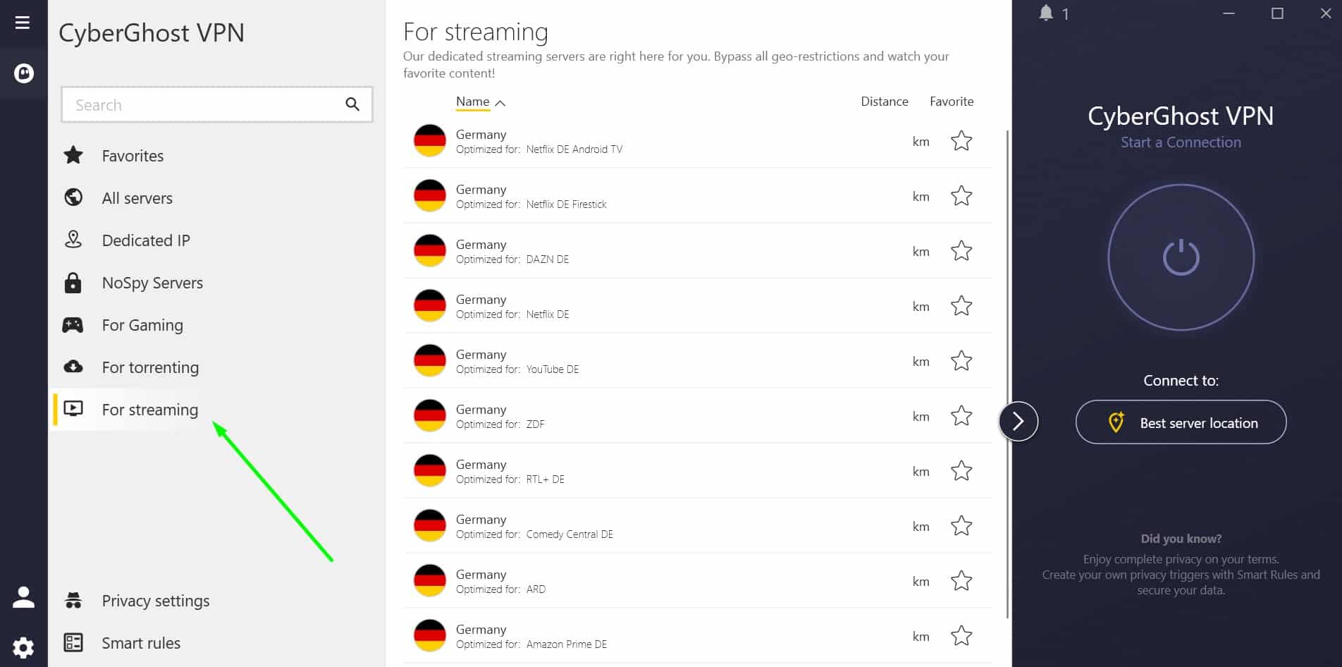 Screenshot of CyberGhost's german streaming servers