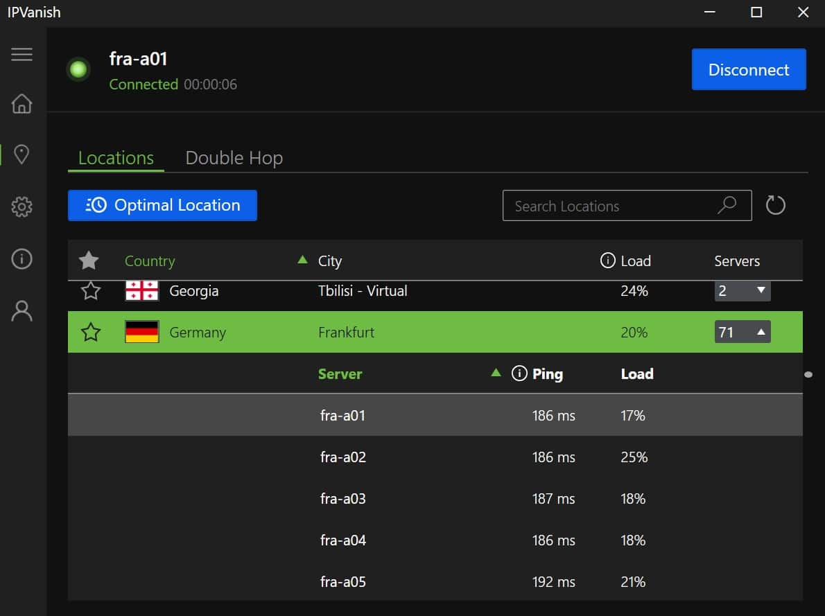 Screenshot of IPVanish's German servers
