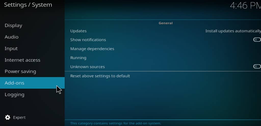Kodi system settings addons