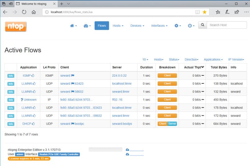 Screenshot of ntopng showing list of flows and their characteristics