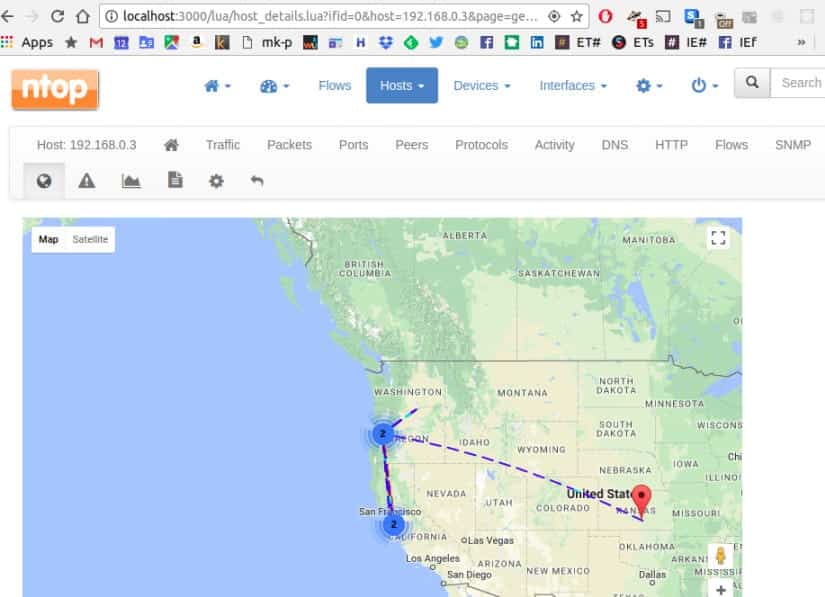 Screenshot of ntopng showing geolocation of hosts on a map