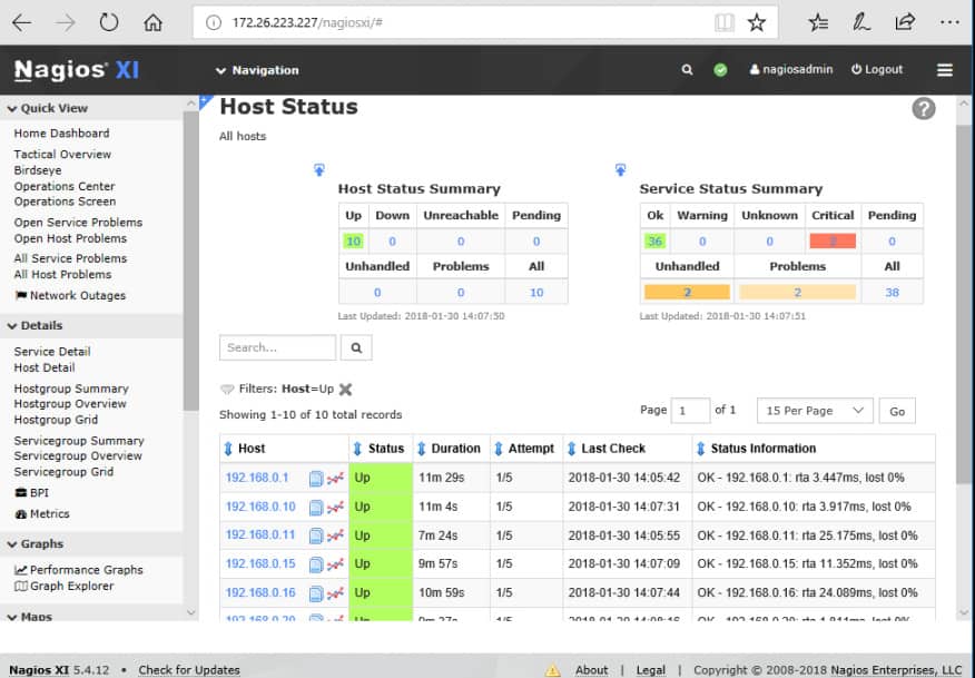Screenshot showing the Nagios host status screen summarizing statuses of hosts