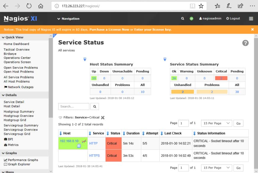 Screenshot of Nagios showing status of services being monitored