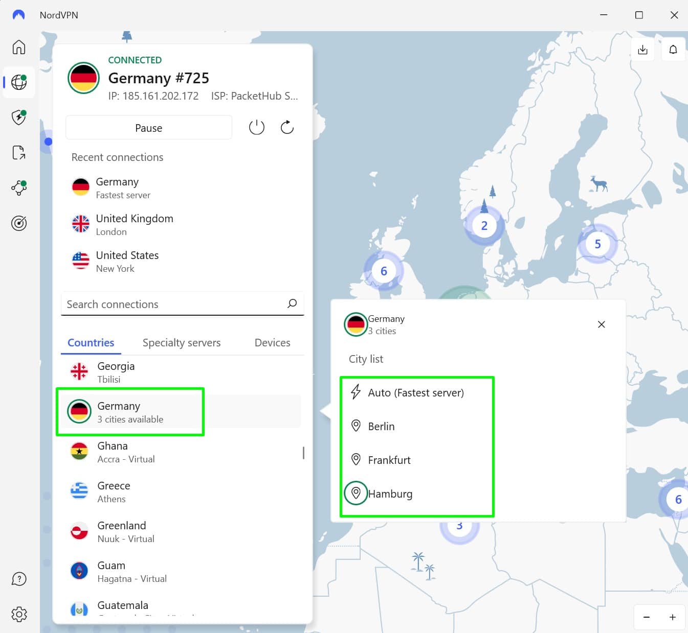 Screenshot of NordVPN's German servers