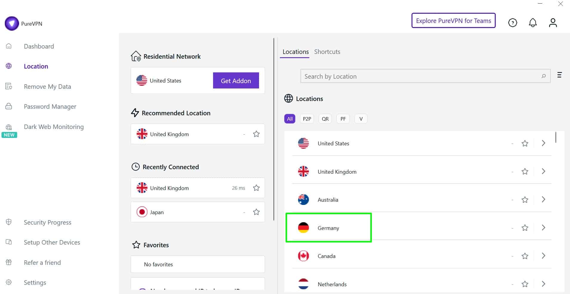 Screenshot of PureVPN's server locations