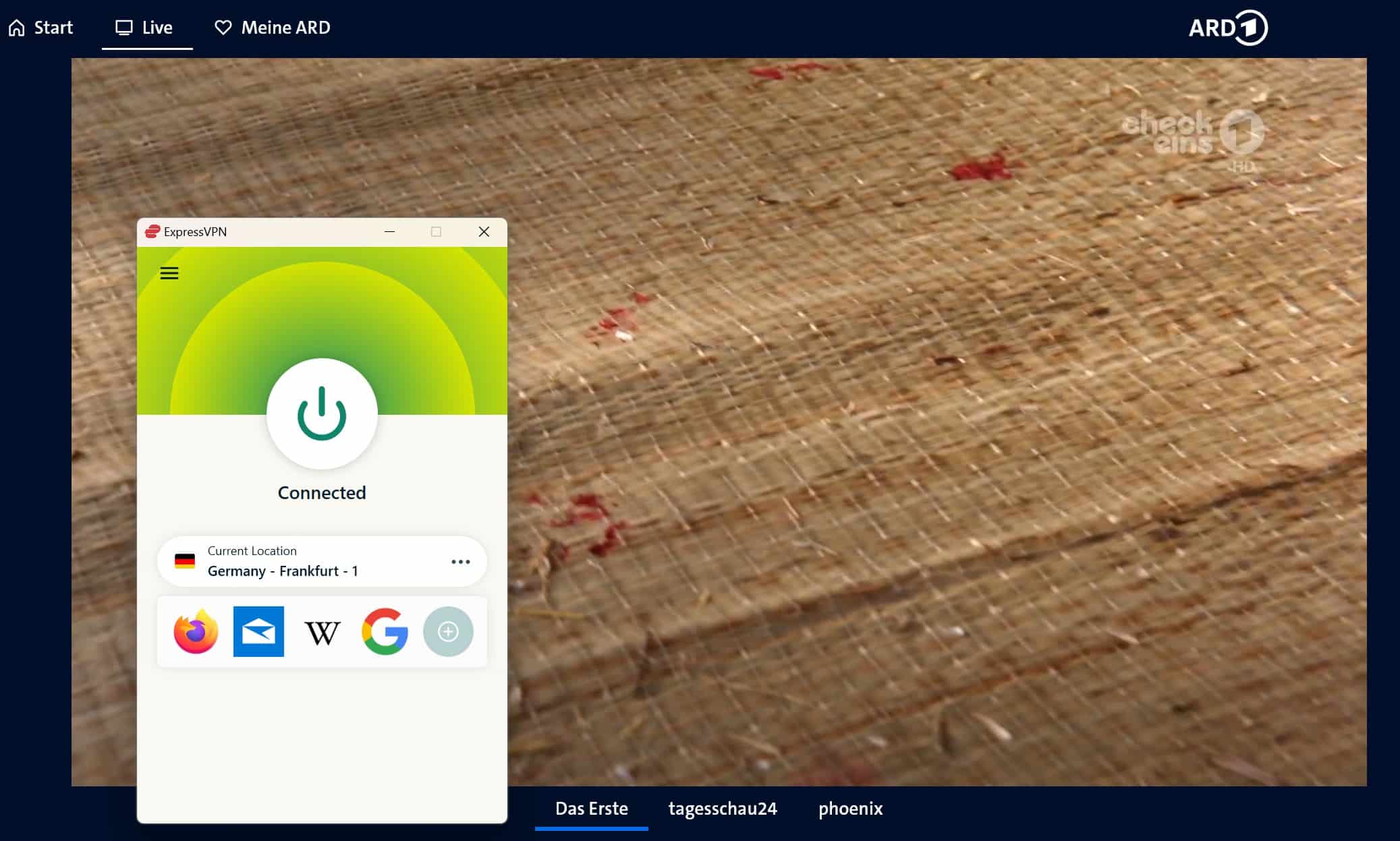Screenshot of ARD playing content with ExpressVPN active