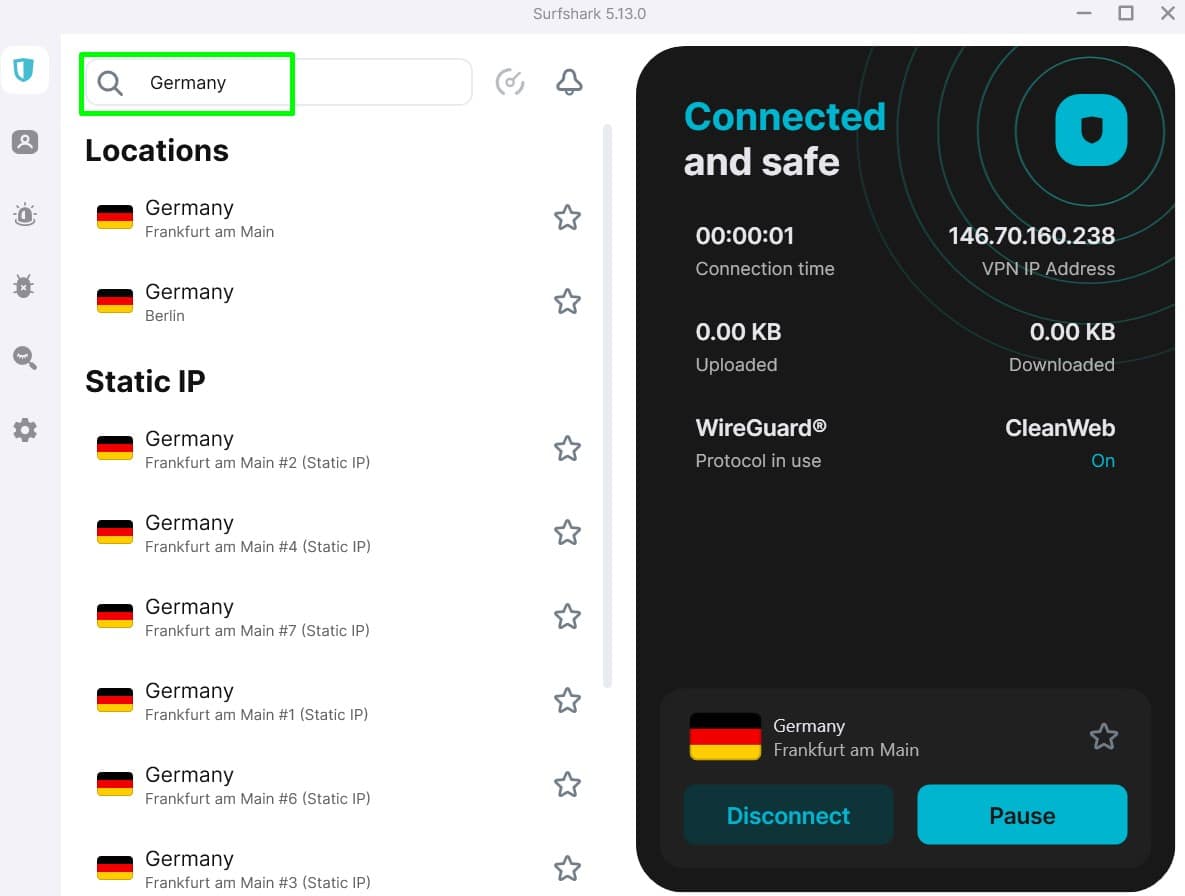 Screenshot of Surfshark's German servers