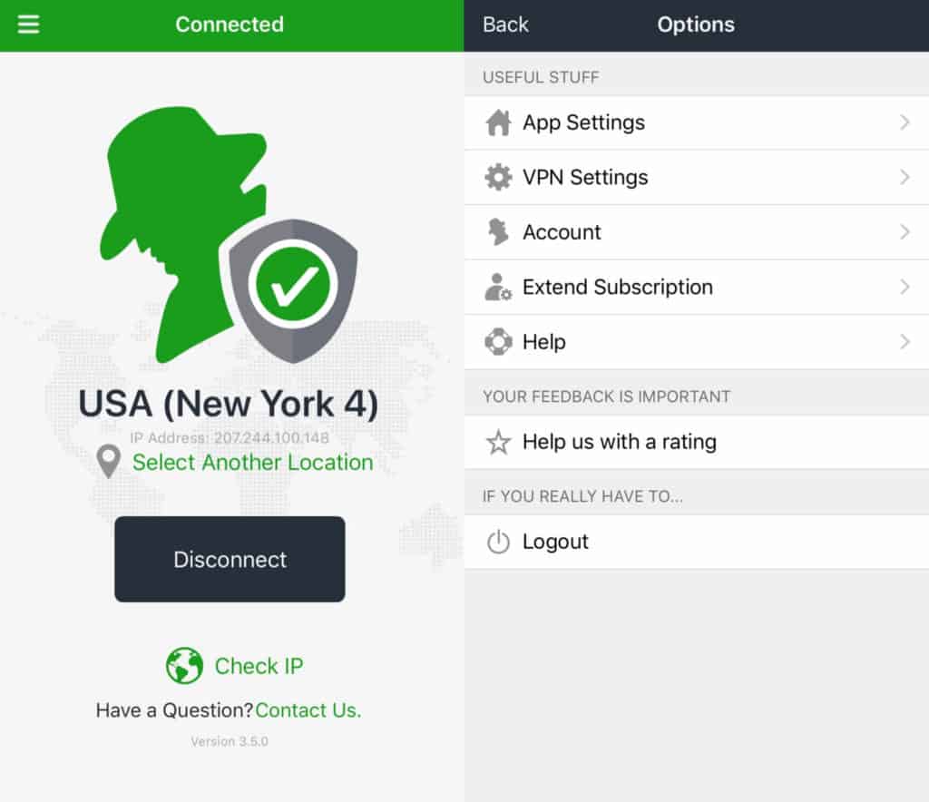 ibVPN mobile app connected main page and Options screen.