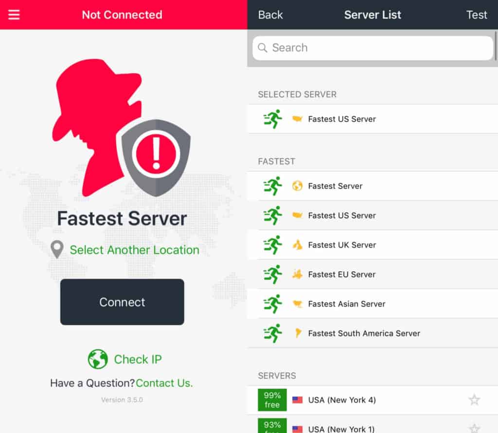 Mobile app main screen and Server List.