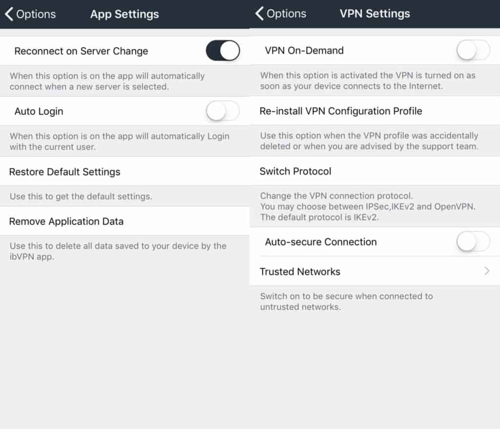 ibVPN mobile app settings screens.