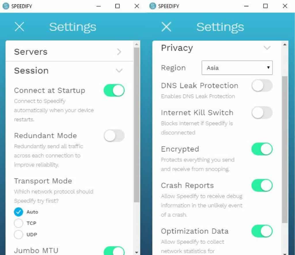 Speedify Session and Privacy screens.