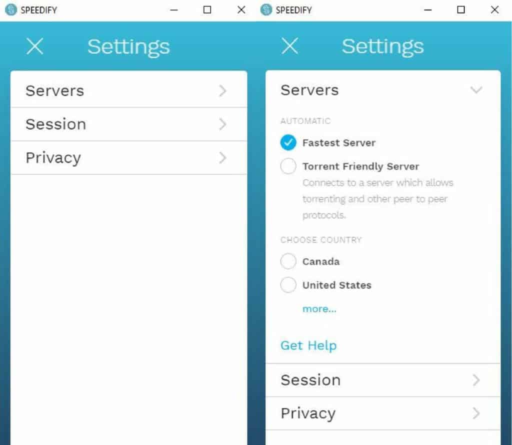 Speedify desktop settings.